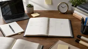 Schreibtisch mit Wochenplaner und Lernmaterialien für einen 30-Tage-Lernplan